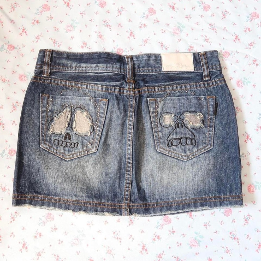 vintage how pan show skull low rise denim mini skirt y2k